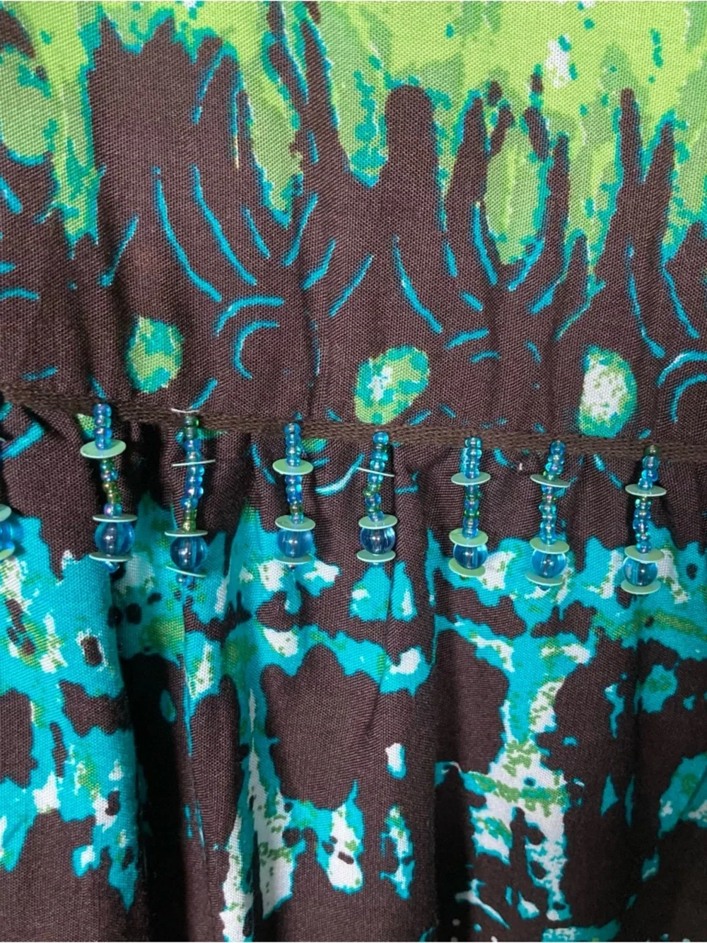 Kim Rogers Boho Paisley Rayon Maxi Skirt Green Brown Blue Size M Beaded Fringe